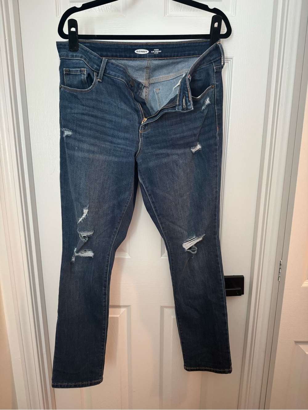 Old Navy Women's Power Slim Straight Mid-Rise Jeans - Dark Blue Distressed
